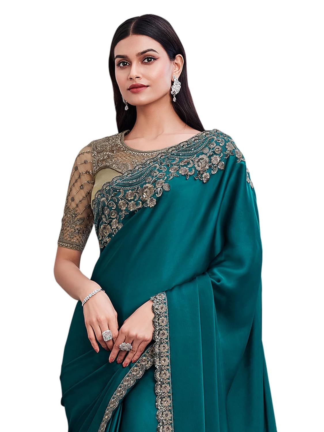 AKHILAM Women's Chiffon Embellished Saree With Unstitched Blouse Piece(SILVER29001_TFH_Parent) AKHILAM Women's Chiffon Embellished Saree With Unstitched Blouse Piece(SILVER29001_TFH_Parent)