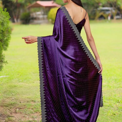 AKHILAM Women's Satin Silk Hot Fix Solid Saree With Unstitched Blouse Piece