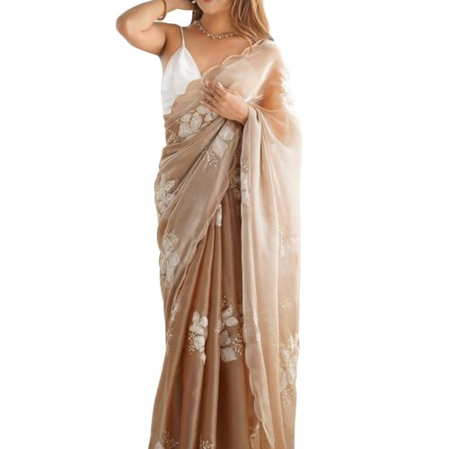 AKHILAM Women's Shimmer Organza Sequence Embroidery Saree With Unstitched Blouse Piece