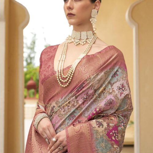 AKHILAM Women's Tussar Silk Kalamkari Printed Saree With Unstitched Blouse Piece