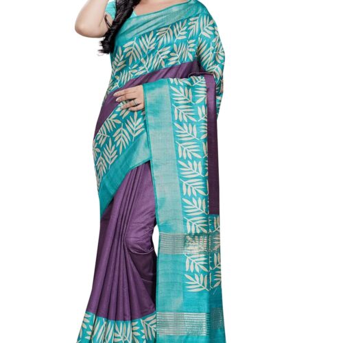 RANI SAAHIBA Women's Printed Art Tussar Silk Zari Border Saree With Blouse Piece