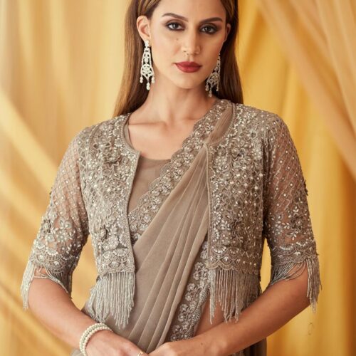 AKHILAM Women's Georgette Embellished Saree With Unstitched Blouse Piece