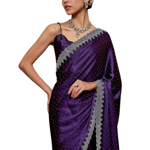 AKHILAM Women's Satin Silk Hot Fix Solid Saree With Unstitched Blouse Piece