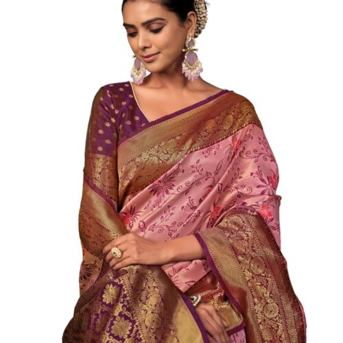 EthnicJunction Women's Silk Blend floral Woven Saree With Blouse Piece