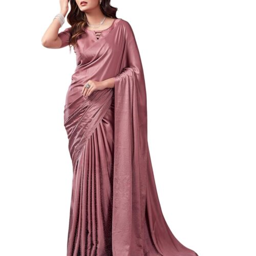 SIRIL Women's Satin Silk Hot Fixing Stone Work Saree with Unstitched Blouse