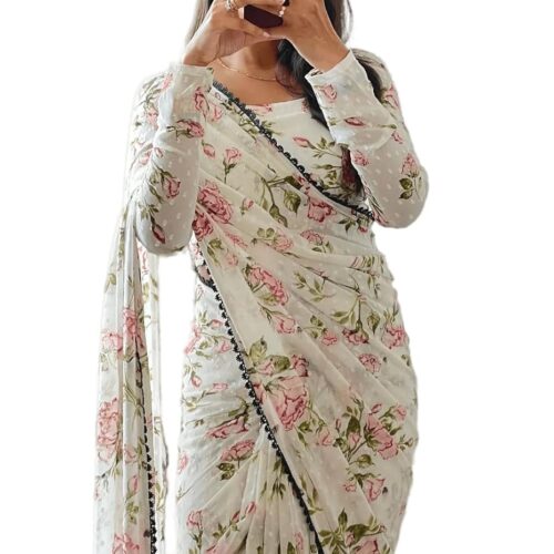 Sidhidata Women's Georgette Digital Printed Ready To Wear one Minute Saree With Unstitched Blouse Piece
