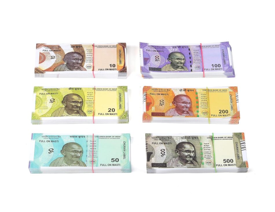 810KgtTlmnL._SL1500_.jpg VELINOR Fake Money Set - 120 Notes (20 Each x 6) for Kids, Ages 3+, Multiplayer, Manual, No Batteries, Multicolor, Action Theme, Numeracy & Financial Literacy - Image 1