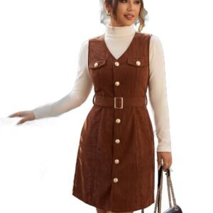 Brown Western Party Dress for Women & Girls Above Knee One Piece with Turtle Neck, Full Sleeves, Solid Design, Waist Tie-Ups, Belted Style, Elegant Dress for Birthday, Evening Gathering
