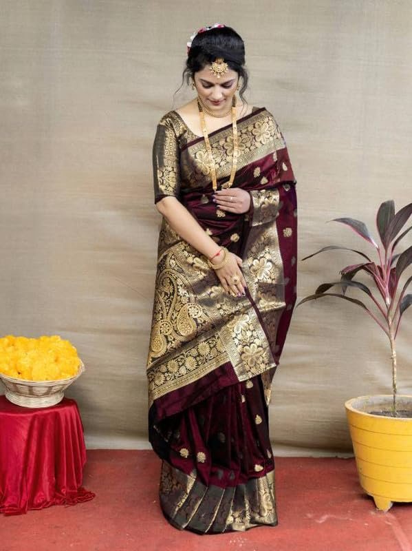 C J Enterprise Women's Pure Soft Silk Saree With Blouse Piece For Wedding - Image 4