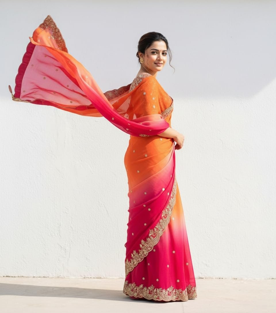 Amazon Brand - Tavasya Womens Fancy Fendy Satin Silk Saree with Multi Sequence Embroidery Work,Heavy Embroidered Wedding Party look Saree with Running Blouse Piece - Image 5