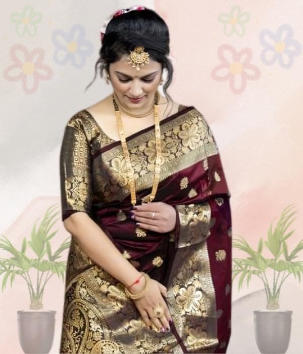 C J Enterprise Women's Pure Soft Silk Saree With Blouse Piece For Wedding - Image 3