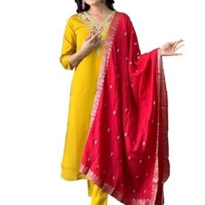 Rayon Kurti Pant and Dupatta Set, Mustard Yellow with Red Dupatta, Embroidered V-Neck, 3-Piece Ethnic Wear