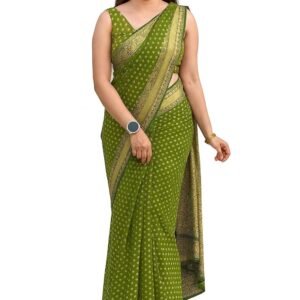 Shasmi Women's Mehndi Printed, Embroidered, Embellished Bandhani Georgette Party Sari collections With Blouse Piece for Wedding sadi (PARI-236)