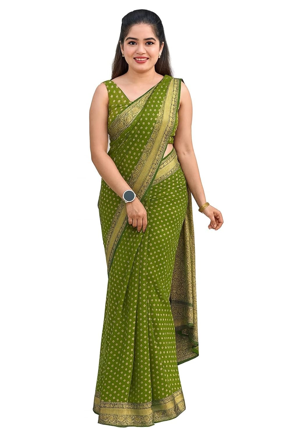 Shasmi Women's Mehndi Printed, Embroidered, Embellished Bandhani Georgette Party Sari collections With Blouse Piece for Wedding sadi (PARI-236)