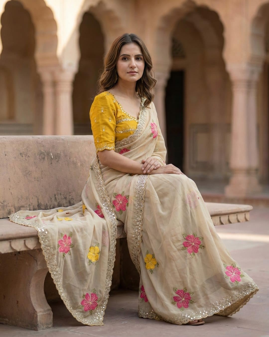 Handcrafted Floral Embroidered Saree with Contrast Blouse - Image 7