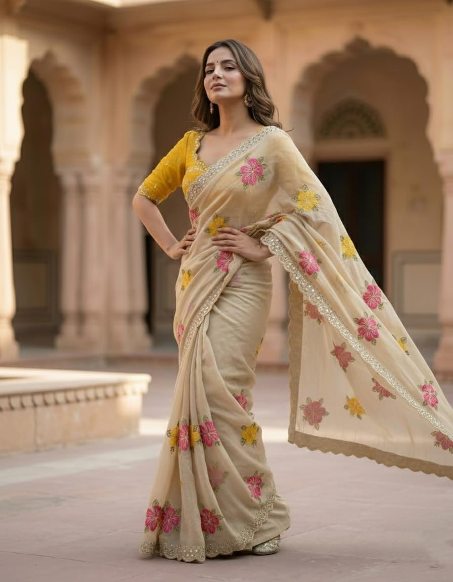 Yashika Women's Nylon Organza Saree with Blouse Piece for Traditional Ethnic Wear Sari - Image 4
