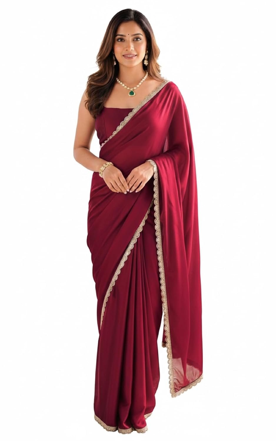 SHOPAZ Ready To Wear Saree For Women Maroon Red Georgette Readymade Stitched Scalloped Border With Unstitched Blouse - Image 2