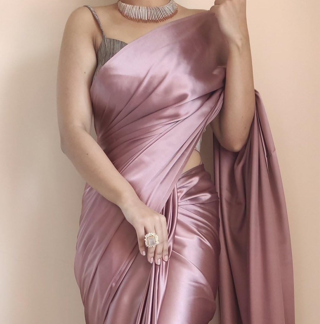 SATAZ Women's Ready to Wear Rose Gold Satin Silk Saree with Unstitched Rose Gold Blouse - Image 2