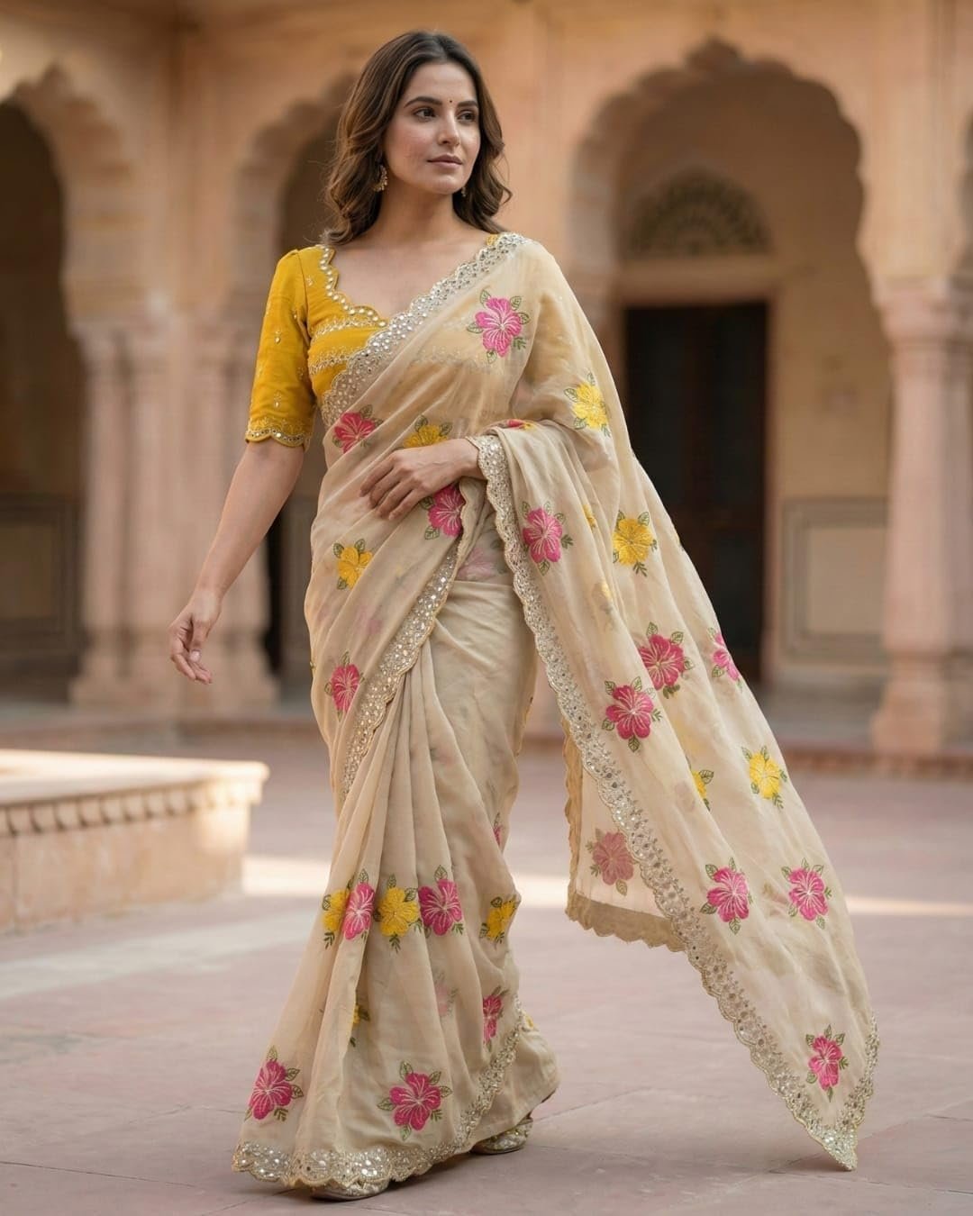 Yashika Women's Nylon Organza Saree with Blouse Piece for Traditional Ethnic Wear Sari - Image 2