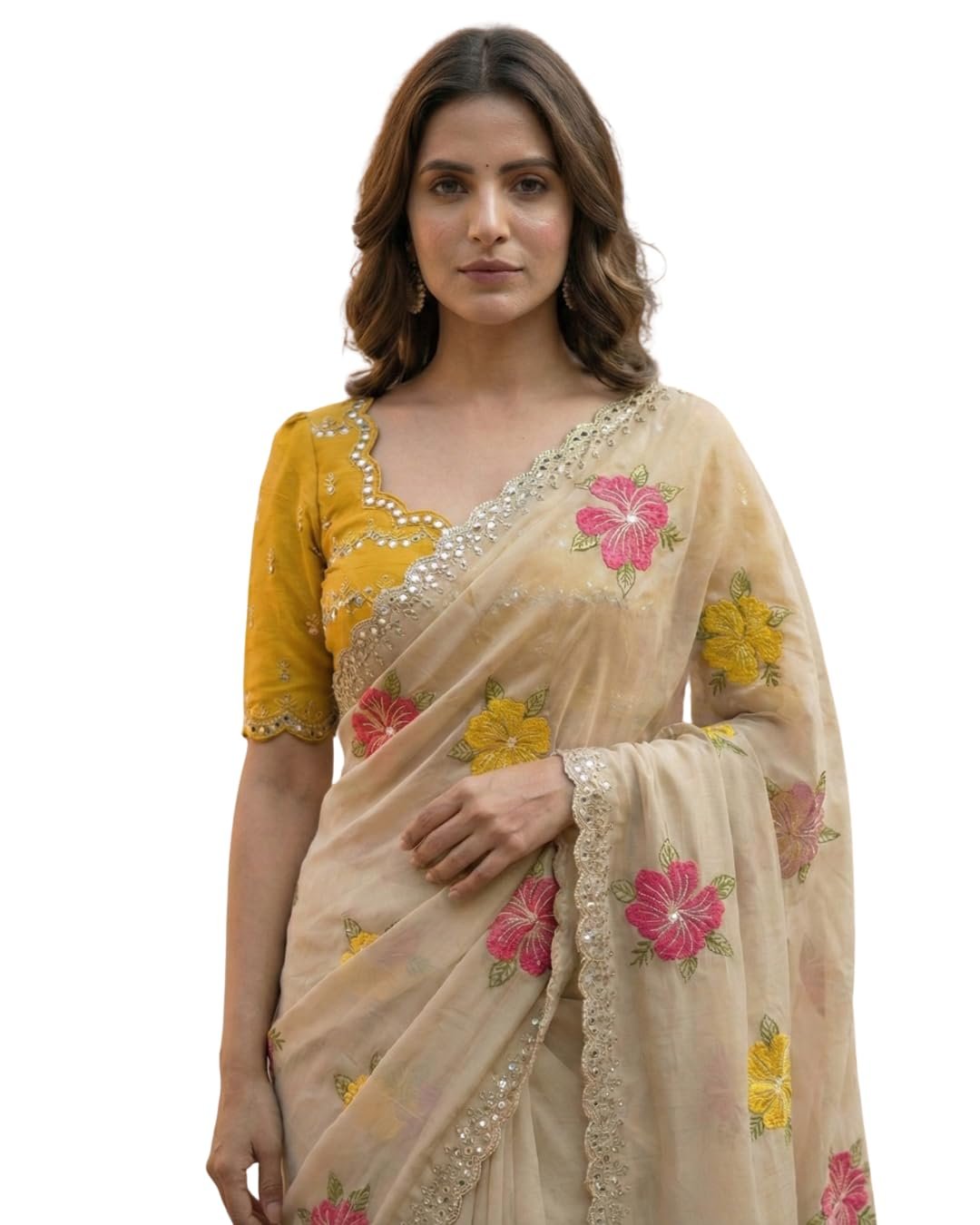 Handcrafted Floral Embroidered Saree with Contrast Blouse