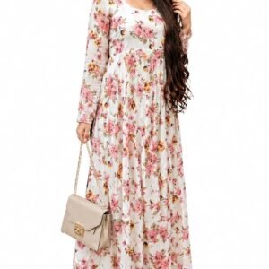 Women's Floral Printed Maxi Dress | Round Neck Full Sleeve Long Dress | Casual A-Line Flowy Dress