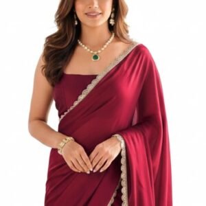 SHOPAZ Ready To Wear Saree For Women Maroon Red Georgette Readymade Stitched Scalloped Border With Unstitched Blouse