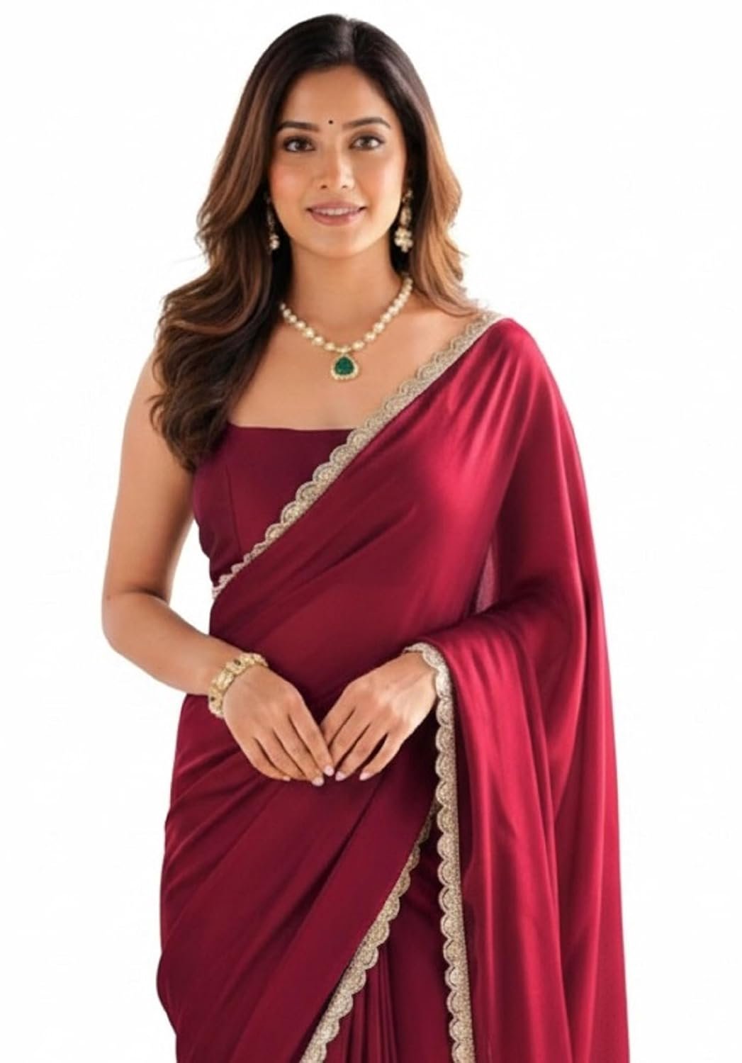 SHOPAZ Ready To Wear Saree For Women Maroon Red Georgette Readymade Stitched Scalloped Border With Unstitched Blouse