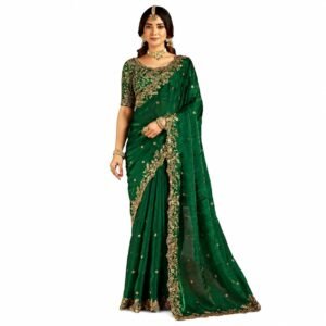 Women's Emerald Space Silk Saree with Heavy Embroidery Work & Unstitched Blouse Piece | Designer, Wedding, Festive & Traditional Ethnic Saree (5.5m Saree + 0.8m Blouse)