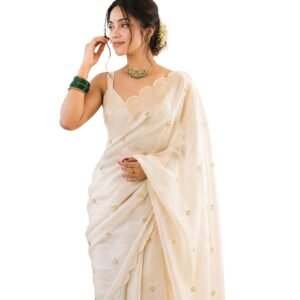 Women's Soft Fandy Satin Embroidered Saree with Sequin Work and Matching Dupion Blouse Piece