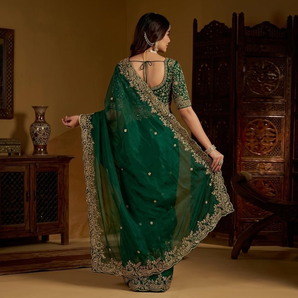 Women's Emerald Space Silk Saree with Heavy Embroidery Work & Unstitched Blouse Piece | Designer, Wedding, Festive & Traditional Ethnic Saree (5.5m Saree + 0.8m Blouse) - Image 8