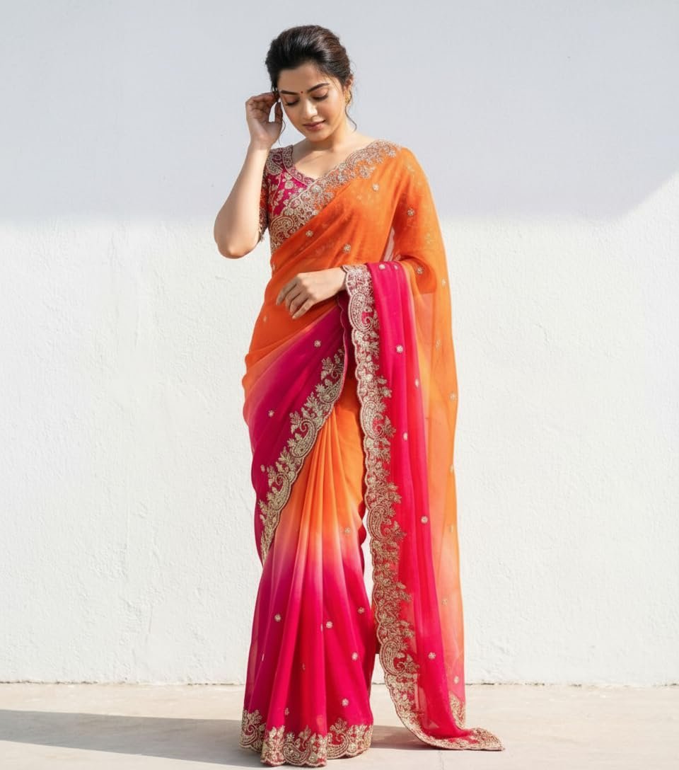 Amazon Brand - Tavasya Womens Fancy Fendy Satin Silk Saree with Multi Sequence Embroidery Work,Heavy Embroidered Wedding Party look Saree with Running Blouse Piece - Image 4