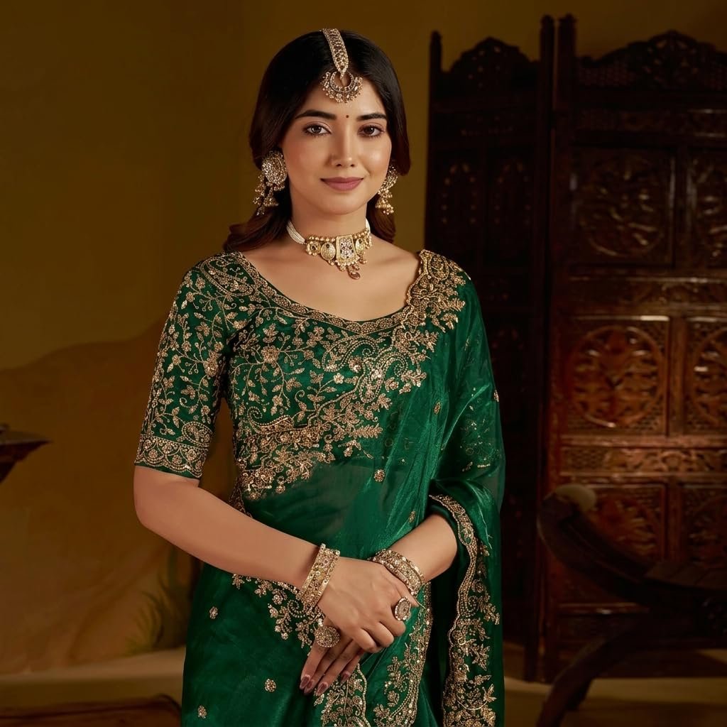 Women's Emerald Space Silk Saree with Heavy Embroidery Work & Unstitched Blouse Piece | Designer, Wedding, Festive & Traditional Ethnic Saree (5.5m Saree + 0.8m Blouse) - Image 3