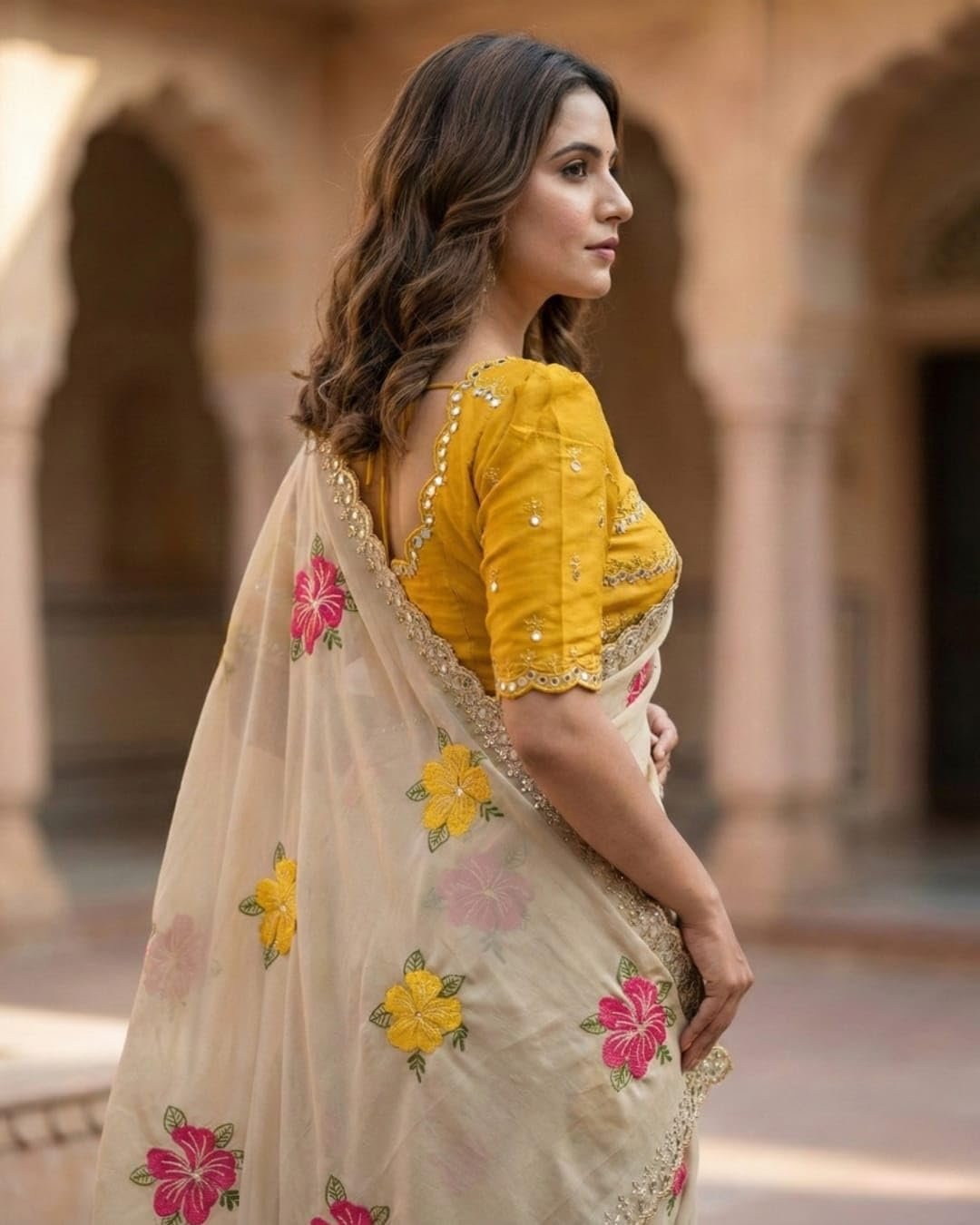 Handcrafted Floral Embroidered Saree with Contrast Blouse - Image 3