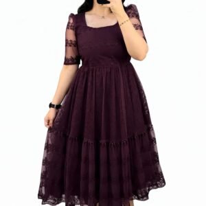 Embroidered Net Midi Dress for Women | Short Sleeve Flared Party Dress | Elegant (Wine)