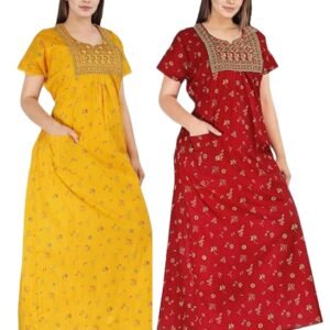 NILOUFO Women's Cotton Jaipuri Nighty Gown Pack of 2 – Rajasthani Printed Maxi Nightwear with Pocket | Soft Cotton Embroidered Sleepwear & Loungewear for Ladies
