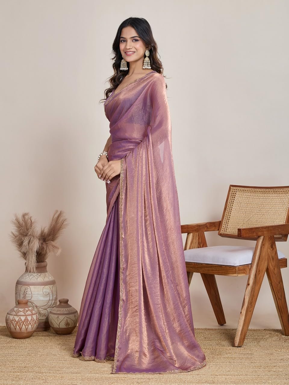 LOROFY Women's Two Tone Fendy Chiffon Saree - Image 4