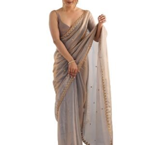AKHILAM Women's Shimmer Tissue Embroidered Saree With Unstitched Blouse Piece