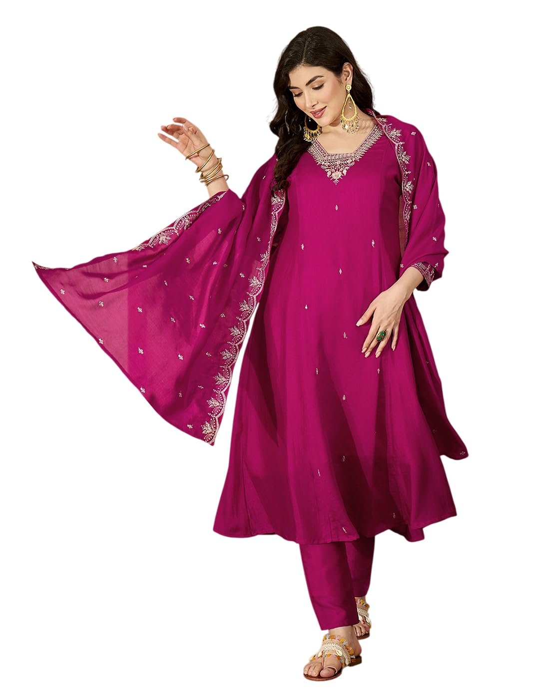 Amazon Brand - Tavasya Women Vichitra Zari Sequence Embroide Kurta with Pant and Dupatta|Salwar Suit|Kurta Set|3 Piece Set