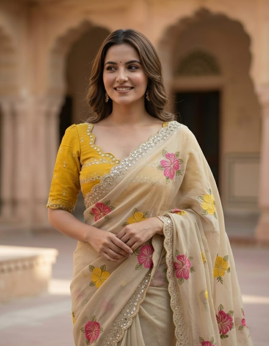 Yashika Women's Nylon Organza Saree with Blouse Piece for Traditional Ethnic Wear Sari - Image 3