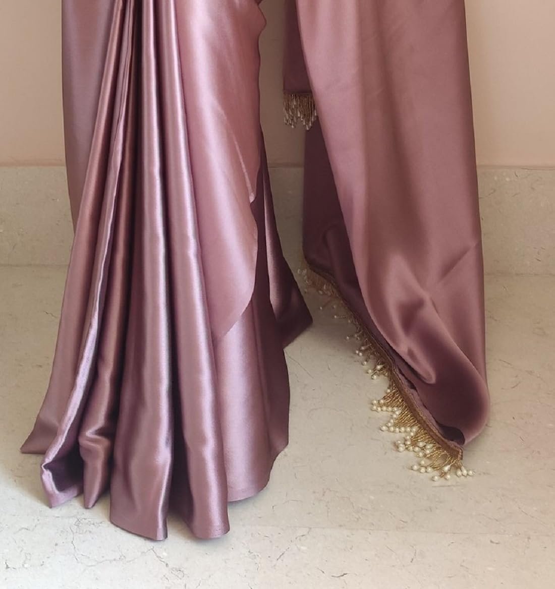 SATAZ Women's Ready to Wear Rose Gold Satin Silk Saree with Unstitched Rose Gold Blouse - Image 4