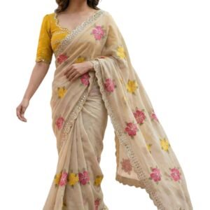 Yashika Women's Nylon Organza Saree with Blouse Piece for Traditional Ethnic Wear Sari
