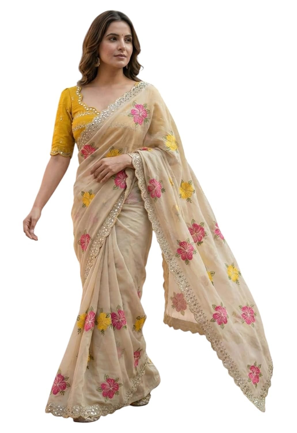 Yashika Women's Nylon Organza Saree with Blouse Piece for Traditional Ethnic Wear Sari