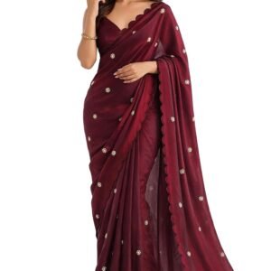 Women's Pure Fandy Satin Sequin Embroidered work Saree with Dupion Unstitched Blouse Piece
