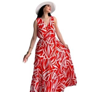 Women Abstract Printed Maxi Dress for Women | Sleeveless Flared Long Dress | V Neck Casual Western One Piece Dress | Elegant A-Line Summer Outfit for Women