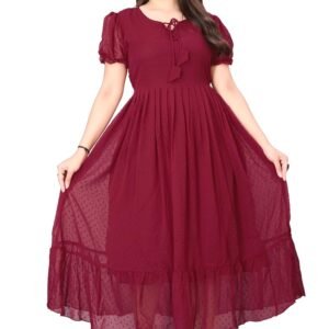Women's Solid Georgette Regular Fit Round Neck Short Sleeve Fancy Fit and Flare/A-line/Maxi Gown Dress
