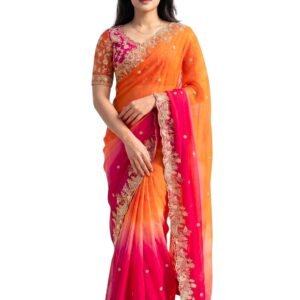 Amazon Brand - Tavasya Womens Fancy Fendy Satin Silk Saree with Multi Sequence Embroidery Work,Heavy Embroidered Wedding Party look Saree with Running Blouse Piece