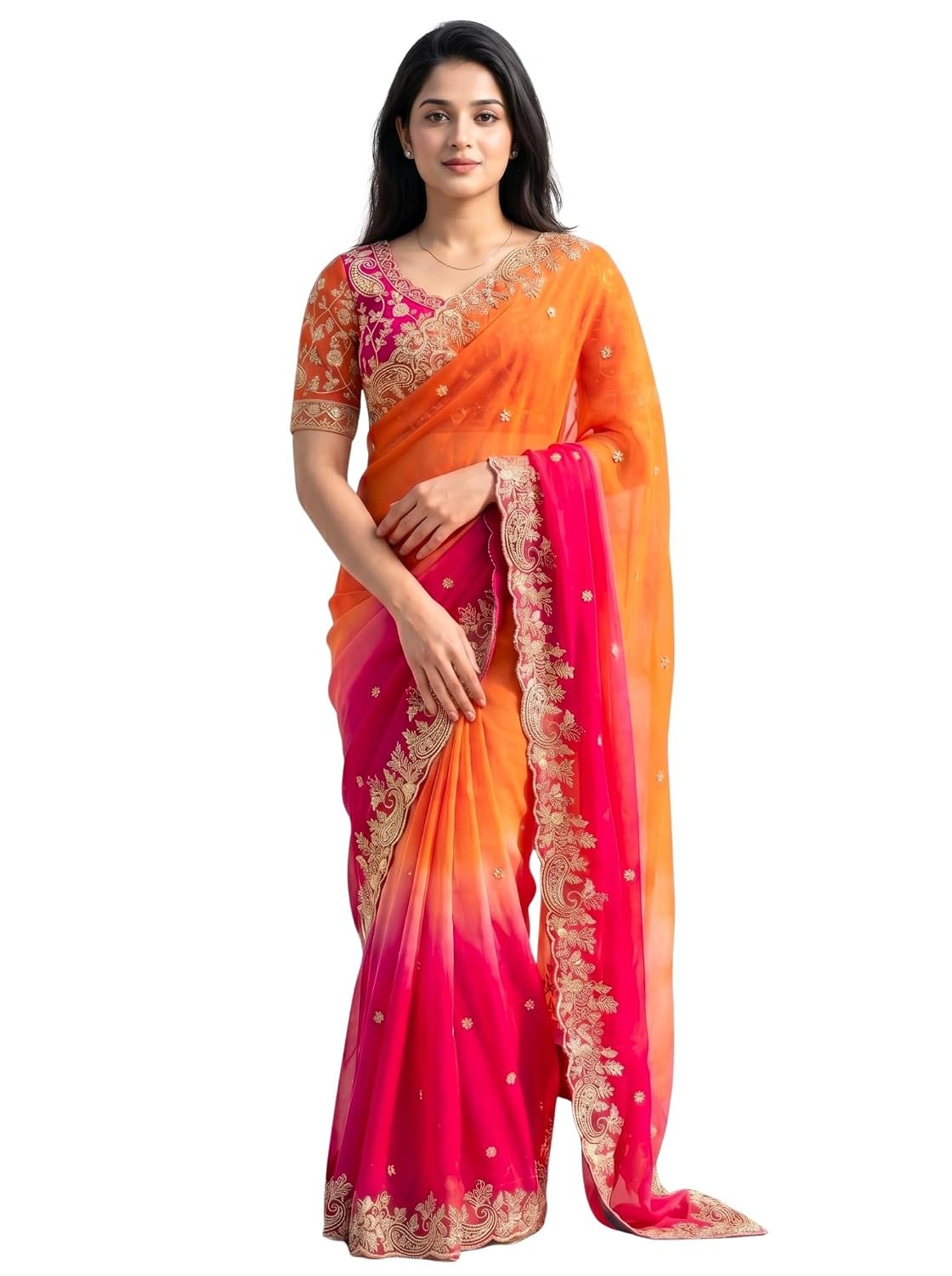 Amazon Brand - Tavasya Womens Fancy Fendy Satin Silk Saree with Multi Sequence Embroidery Work,Heavy Embroidered Wedding Party look Saree with Running Blouse Piece