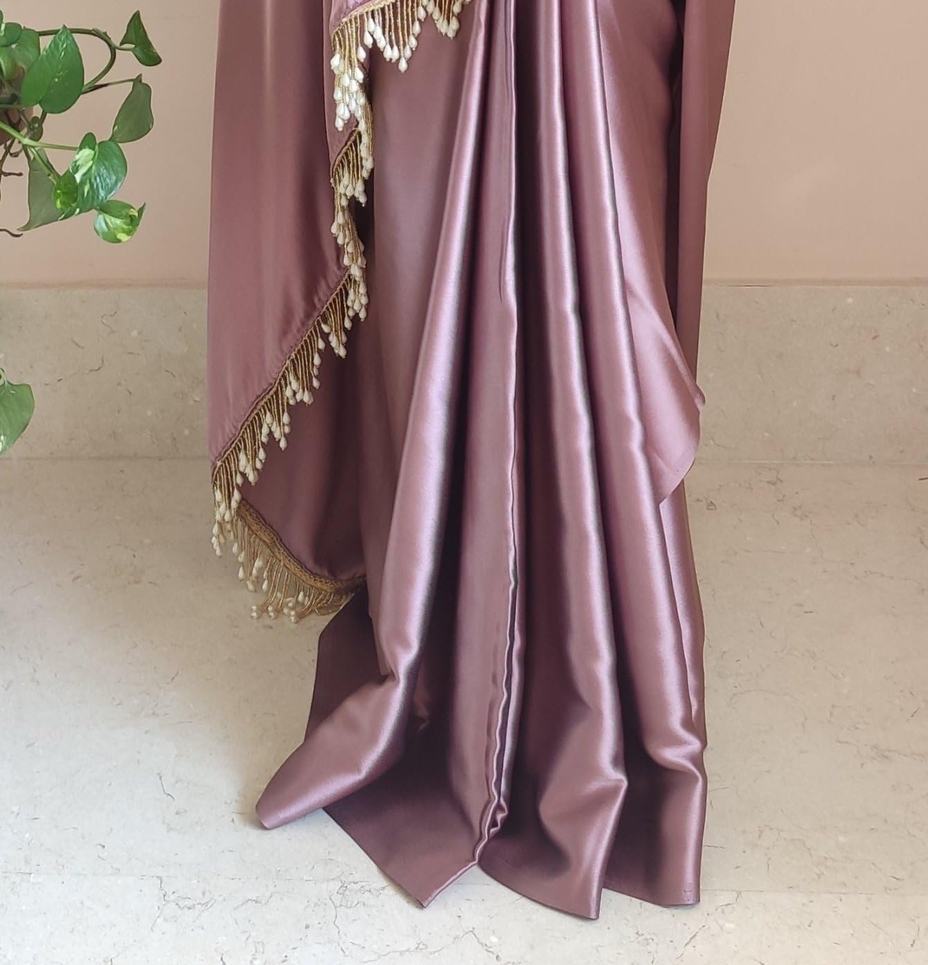 SATAZ Women's Ready to Wear Rose Gold Satin Silk Saree with Unstitched Rose Gold Blouse - Image 3