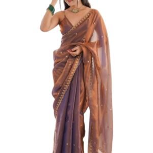 Women Embellished Sequinned Tissue Silk Saree with Elegant Border | Designer Saree for Women with Shimmer Finish, Soft Draping and Stylish Look for Festive and Special Occasions