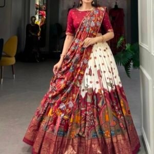 Kalamkari Printed Lehenga Choli with Dupatta, Silk, Multicolour